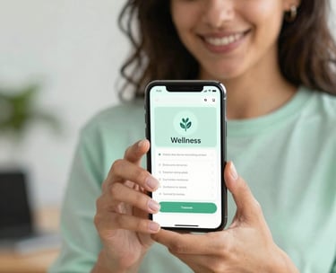 A professional South American / Brazilian woman smiling while using a clean, modern wellness app on her smartphone in a bright office. Close-up shot, soft studio lighting with touches of mint green.