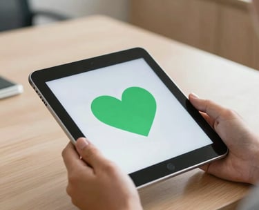 Close-up of a psychologist's hands holding a tablet with a green heart icon on it, in a calm office with light wood furniture, Brazilian counseling setting.
