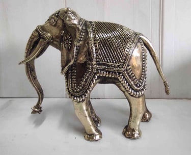 "Tribal-style designer brass elephant with fine detailing, left view-Prepared for export"