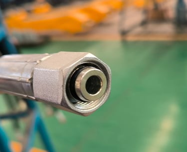 Premium hydraulic connector for log, telescopic, lorry cranes, and forklift jibs. Detail shot.