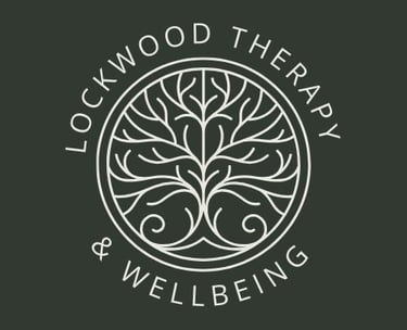 A logo for Lockwood Therapy and wellbeing which is a dark forest green background with a white logo