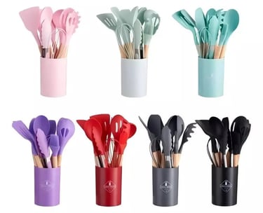 kit utensílios para cozinha em silicone e bambu