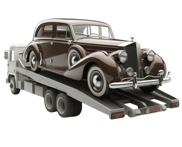 un véhicule de collection rare sur une dépanneuse blanche pour un transport automobile