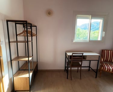 Chambre avec dressing, bureau et fauteuil.