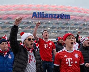 FC Bayern Munich fans cheering outside the Allianz Arena stadium in Germany.