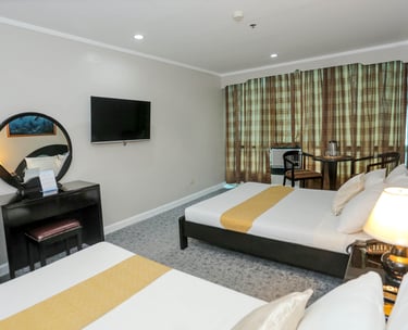 a hotel room with two beds and a television