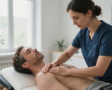 A professional Southern European physiotherapist, a woman with dark hair, gently performing a manual therapy technique on a patient's shoulder. The patient is a middle-aged Southern European man, lying on a treatment bed. The clinic is modern, clean, and bright, with soft, natural light coming through a large window. The atmosphere is calm and professional, emphasizing care and trust. Composition is a close-up, focusing on the hands and shoulders, showing attention to detail. Soft focus background.