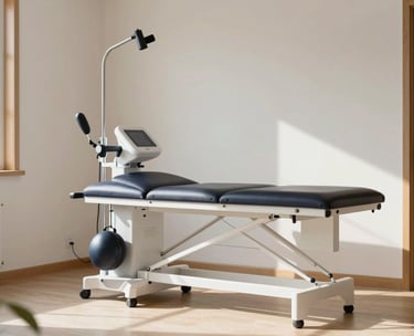 Clean, sharp photograph of high-end physiotherapy equipment in a serene room with off-white walls and wooden details, Southern European sunlight.