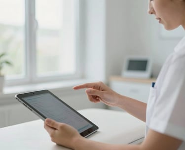 Close-up photography of a professional consultation in a Mallorcan clinic, focusing on a physiotherapist explaining a treatment plan with a tablet, light coming from large windows.