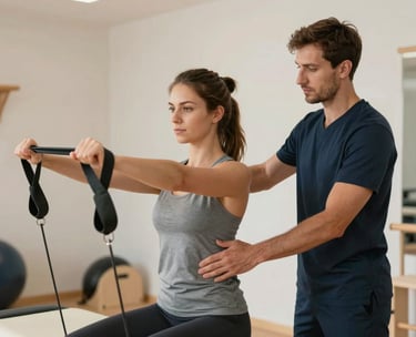 A patient, a young Southern European woman, actively engaged in a physiotherapy exercise using resistance bands, guided by a professional Southern European physiotherapist. They are in a modern, well-lit physiotherapy gym area with clean, light-colored walls and wooden accents. Soft, diffused lighting creates a serene atmosphere. The focus is on the patient's controlled movement and the physiotherapist's encouraging presence. The image conveys rehabilitation and personalized care in a professional setting.