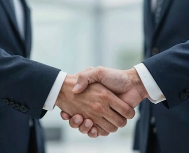 Close-up of a professional handshake between two people in business attire, set in a bright South American corporate setting. The background is blurred, focusing on the firm grip that conveys trust and agreement. Colors emphasize mist blue and deep navy.