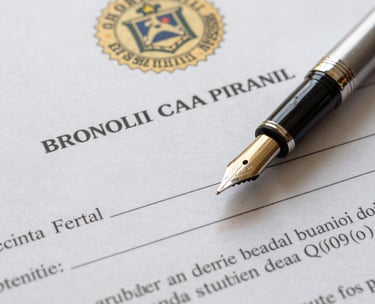 Detailed photograph of a Brazilian legal document with an official stamp and a fountain pen resting on it. The paper texture is visible, and the composition is elegant and symmetrical, suggesting order and meticulous attention to detail.