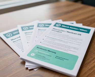 Close-up photography of a set of educational wellness pamphlets on a wooden table, featuring clean design and the organization's color palette of muted teal and mint green. Soft natural lighting from a nearby window in a North American / Michigan US office.