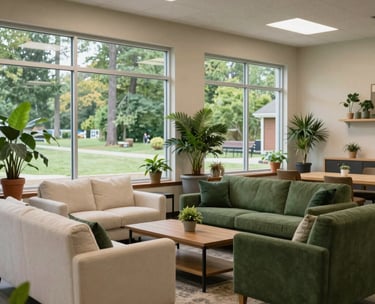 A well-lit, professional community center interior in Okemos, Michigan. The space is decorated with plants and features comfortable furniture in off-white and forest green tones. Large windows reveal a peaceful, wooded Michigan backyard. North American / Michigan US.