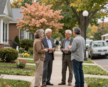 A high-quality photo of a group of neighbors chatting warmly on a sidewalk in a well-maintained Michigan neighborhood. They are surrounded by seasonal foliage in shades of green and peach. North American / Michigan US.