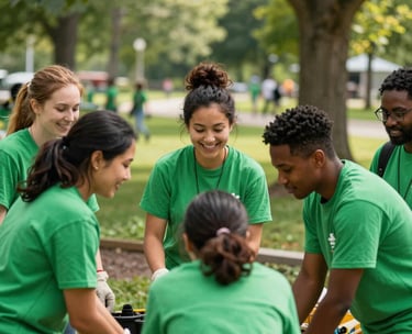 A group of diverse volunteers in bright forest green shirts working together on a community project in a bright Michigan park. Professional photography, natural light, joyful atmosphere. North American / Michigan US.