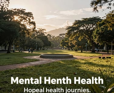 A wide shot of a serene Latin American park at sunrise, symbolizing hope and new beginnings for mental health journeys.