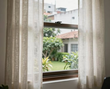 Detail of a therapist's office window with soft linen curtains and a view of a lush green garden in a Latin American urban area, bright and airy photography.