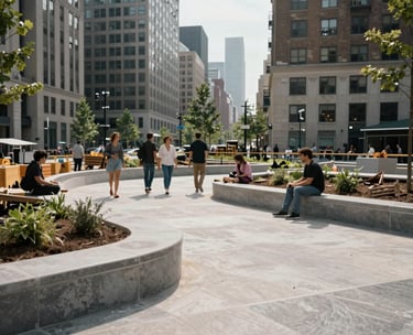 A medium shot of an urban revitalization project in a North American city, showing a modern public space designed for community resilience.