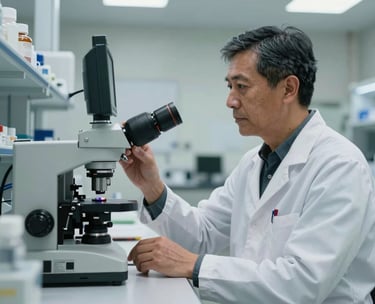 A professional portrait of a North American researcher in a bright, modern laboratory setting, looking focused while working with high-tech equipment.