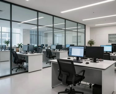 A clean, minimalist interior of a high-tech university research center in a US city, featuring glass walls and sophisticated computer workstations.