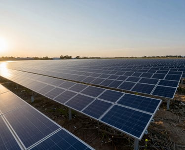 A wide-angle, professional photograph of a modern North American solar energy farm at sunrise, symbolizing clean innovation and future-ready infrastructure.