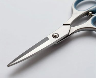 A photograph showing the steel blades of high-quality scissors reflecting a clean studio light. The focus is on the sharp edge and the pivot screw. North American / US photography style, modern and clear.