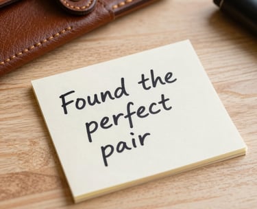 A close-up of a hand-written note that says 'Found the perfect pair' resting on a light-colored wooden desk next to a leather tool roll. North American / US setting, professional and warm.