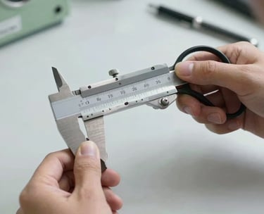 A detailed photograph of a professional measuring a pair of vintage scissors with a silver caliper. The hands are steady, and the lighting is crisp and bright. Set in a North American / US office environment with light gray and sage green accents.