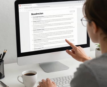 A lifestyle photograph of a professional at a desk reviewing a blog post on a screen, with a cup of coffee and a pair of scissors nearby. Clean, bright, and modern North American / US aesthetic.