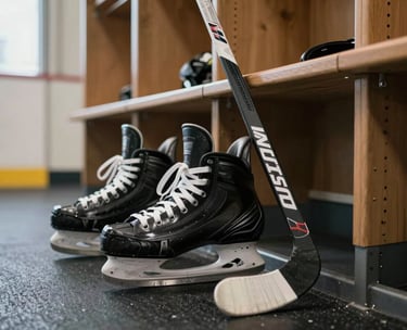 A close-up photograph of high-end ice skates and a composite hockey stick leaning against a locker room bench in a North American / US Southern university sports facility, soft light from a nearby window, professional athletic atmosphere.