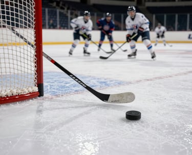 An action shot from a low angle showing a collegiate hockey puck gliding across crisp white ice towards a net, with the blurred movement of players in the background, sharp focus on the texture of the ice, North American / US Southern stadium lighting.