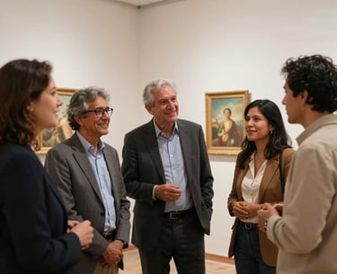 A candid photograph of a small group of South American / Brazilian adults engaged in an animated discussion about a piece of art in a well-lit art gallery or cultural center. They are diverse, smiling, and appear intellectually stimulated. Soft, inviting ambient light. Elegant and sophisticated style, capturing a moment of cultural enrichment.