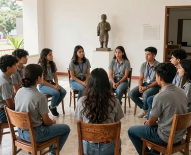 A group of students in a South American cultural center, sitting in a circle of elegant wooden chairs, engaged in a deep discussion about a sculpture. Bright, indirect natural light, palette of warm grey and off-white.