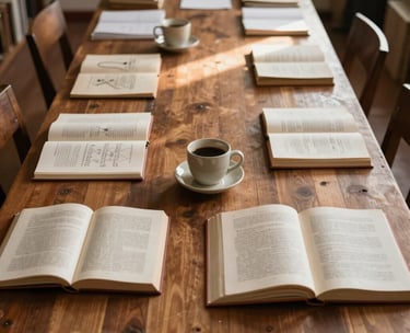 An overhead shot of a long wooden table in a cultural study room. Open art books, sketchpads, and a ceramic coffee cup are neatly arranged. South American morning light, warm brown and taupe colors.