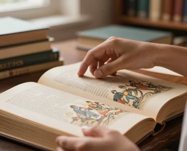 A close-up photograph of a South American / Brazilian student's hands gently turning the pages of an old, beautifully illustrated art history book in a sunlit library. Soft, warm natural light coming from a window, creating subtle highlights on the book and hands. The background is softly blurred with more books. Elegant and inspiring style.