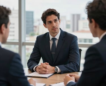 Professional South American male lawyer in a dark navy suit having a meeting with a client in a bright, modern office with Brazilian urban views.