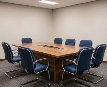 A well-lit conference room in a Brazilian law firm, featuring steel blue chairs and a large wooden table, exuding professional confidence.