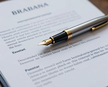 A close-up photograph of a formal Brazilian legal document with a golden fountain pen resting on it, soft natural light, professional steel blue and white tones.