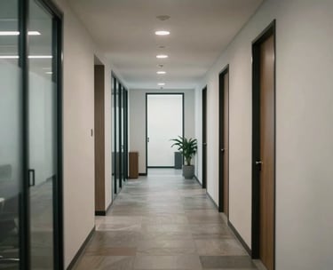 A view of a modern, quiet North American office hallway with soft lighting and neutral tones. The atmosphere is serious, calm, and private.