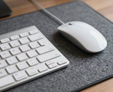 A close-up shot of a professional white keyboard and a mouse on a grey felt mat. The focus is on the cleanliness and precision of the workspace in a North American setting.