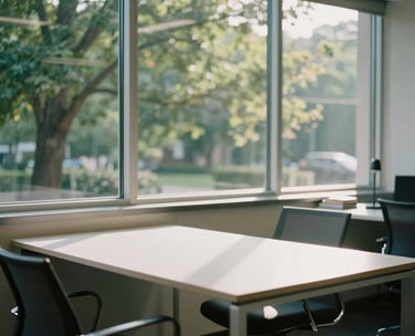 A serene, sunlit North American office interior with large windows looking onto green trees. The focus is on a minimalist white table and a charcoal chair, representing a safe space for organization.