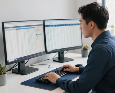 A clean, bright North American workspace showing a professional reviewing data on two large monitors. The desk is uncluttered, featuring a navy blue desk mat and minimalist decor. Professional, serious atmosphere.