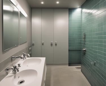 Hostel dorm room with bunk beds and ocean-themed decorations.