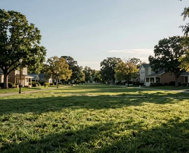 A peaceful landscape of a well-maintained public park in a US suburb, representing community strength and shared public spaces, with soft afternoon sunlight.
