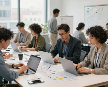 An image of a collaborative workspace in a US city where diverse professional individuals are working on community planning, bright and clean composition.