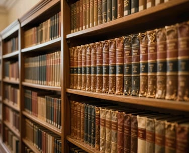 A photography shot of a dignified library interior in a North American / US university, with shelves of old leather-bound books and warm gold lighting, symbolizing foundational knowledge.