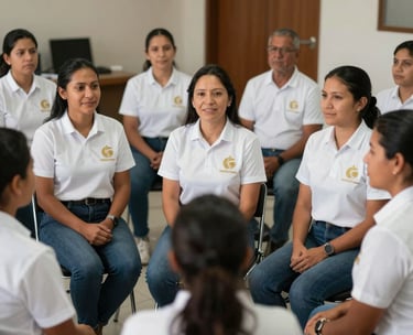 A group of South American volunteers in Teófilo Otoni wearing white shirts with a discrete gold logo, sitting in a circle for a morning briefing, professional and hopeful atmosphere.