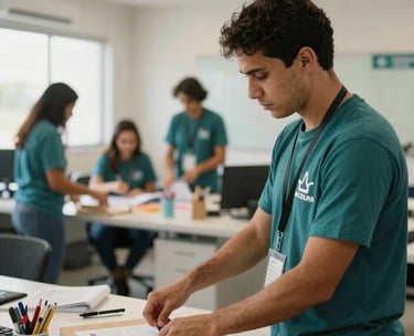 A blurred background of the interior office in Minas Gerais where volunteers organize activities, light and airy Brazilian workspace with teal accents.