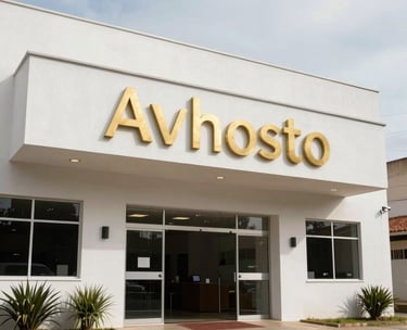 The entrance of the Avhsto headquarters in the Bela Vista neighborhood of Teófilo Otoni, a clean white building with professional gold signage, welcoming South American atmosphere.